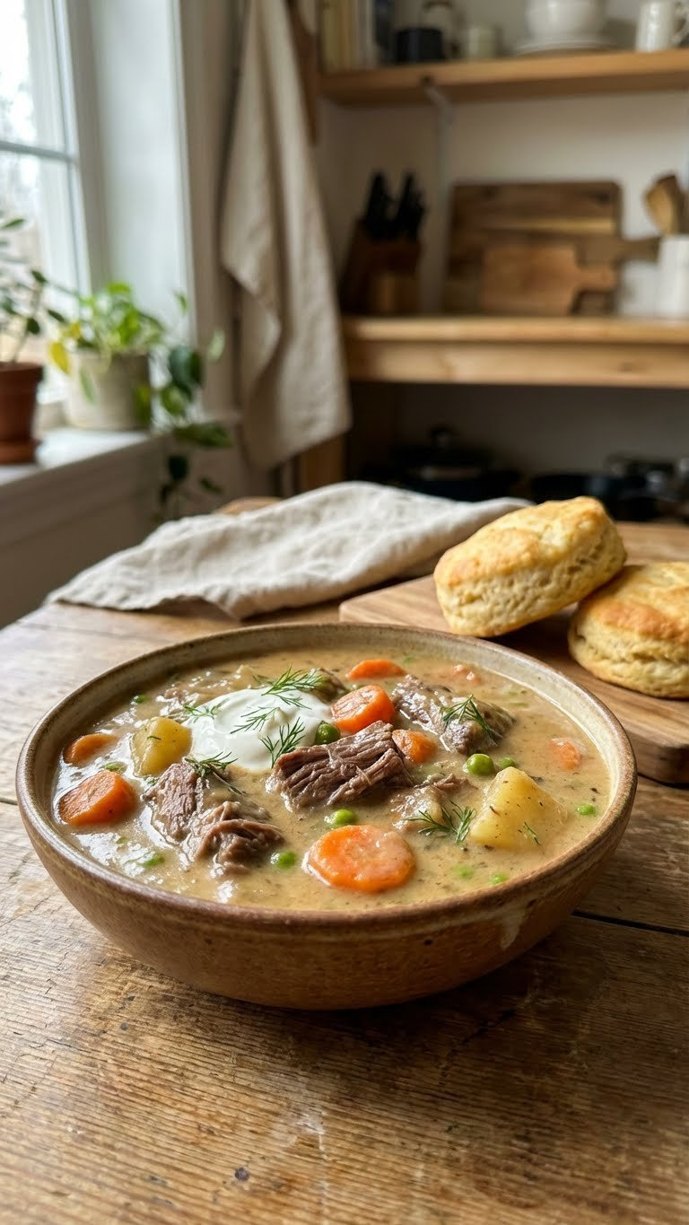 Thick, Creamy Beef Stew With Tender Beef, Carrots, Peas, Potatoes In Velvety Sauce. Cozy Bowl On Wood With Sour Cream, Dill, Biscuits. Rich, Comforting Meal.