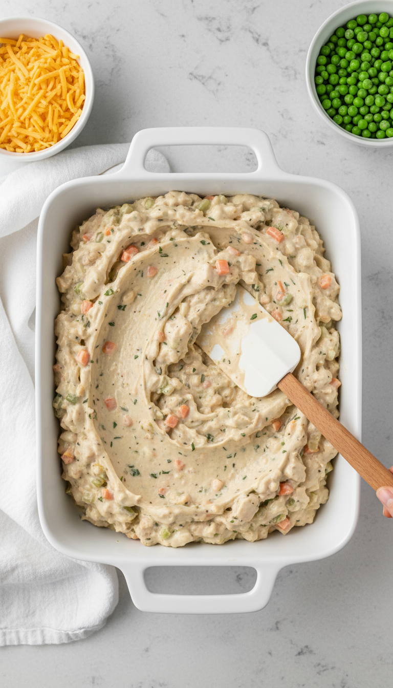 Thick Creamy Chicken Mixture Spread In A White Ceramic Baking Dish With A Spatula On A Gray Counter.