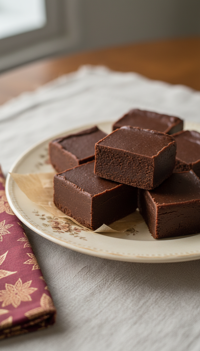 Thick, Creamy Chocolate Fudge Squares On A Vintage Ceramic Plate, Showcasing Rich Deep Brown Color &Amp; Smooth Dense Texture.