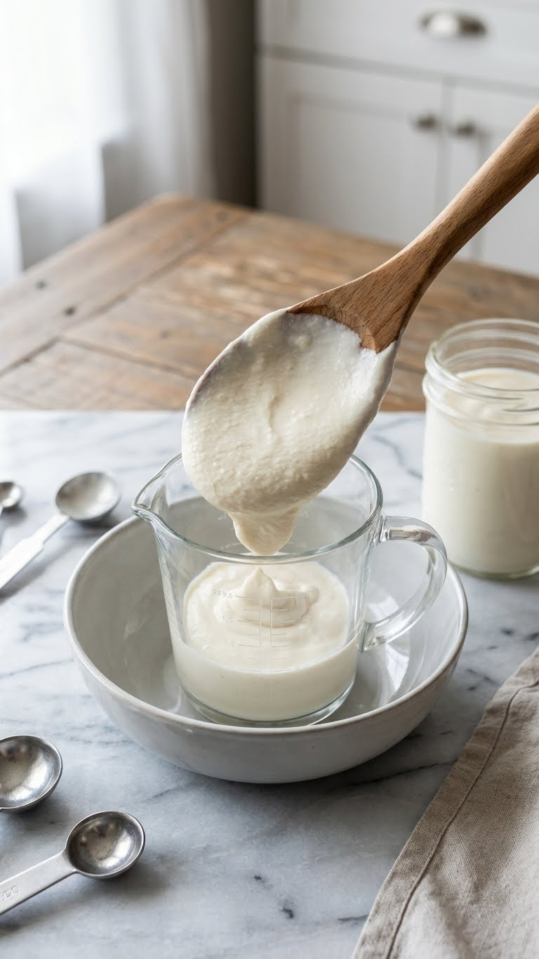 Thick, Creamy Plain Dairy-Free Yogurt, A Vegan Egg Substitute, Scooped Into A Measuring Cup On A Marble Counter.