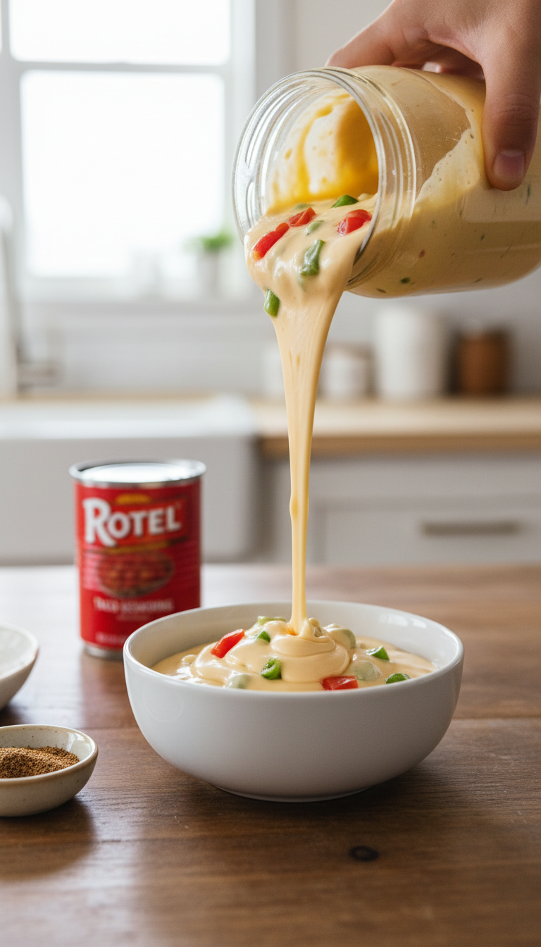 Thick Creamy Queso Sauce With Green Chiles And Tomatoes Pouring Into A White Ceramic Bowl.