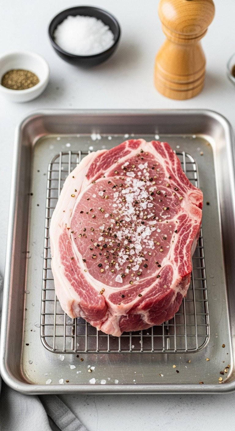 Thick-Cut Pork Chop Seasoned With Coarse Salt And Pepper For Dry-Brining, Sitting On A Wire Rack Over A Baking Sheet.