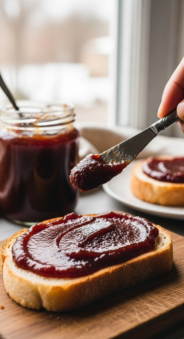 Thick Dark Apple Butter Being Spread On Toast, Highlighting Smooth Glossy Texture, Rustic Board.