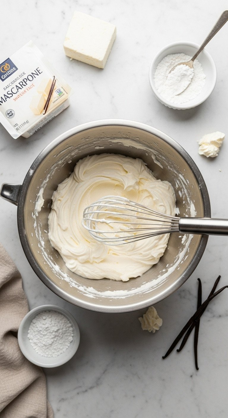 Thick, Fluffy Mascarpone Whipped Cream With Stiff Peaks In Stainless Steel Bowl. Whisk, Powdered Sugar, Vanilla On Marble.