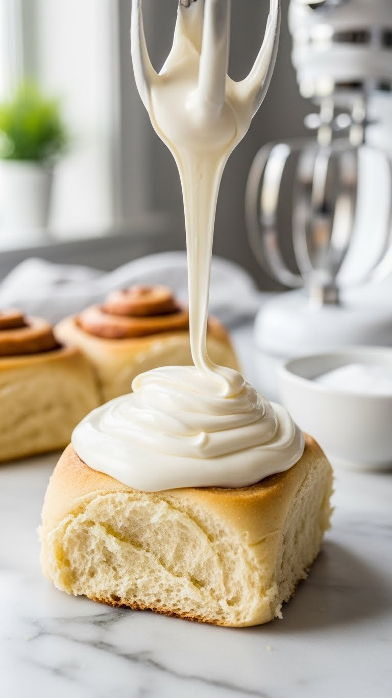 Thick, Glossy Cream Cheese Frosting Being Spread Over A Warm Cinnamon Roll, Showcasing Creamy Texture On A Marble Countertop.