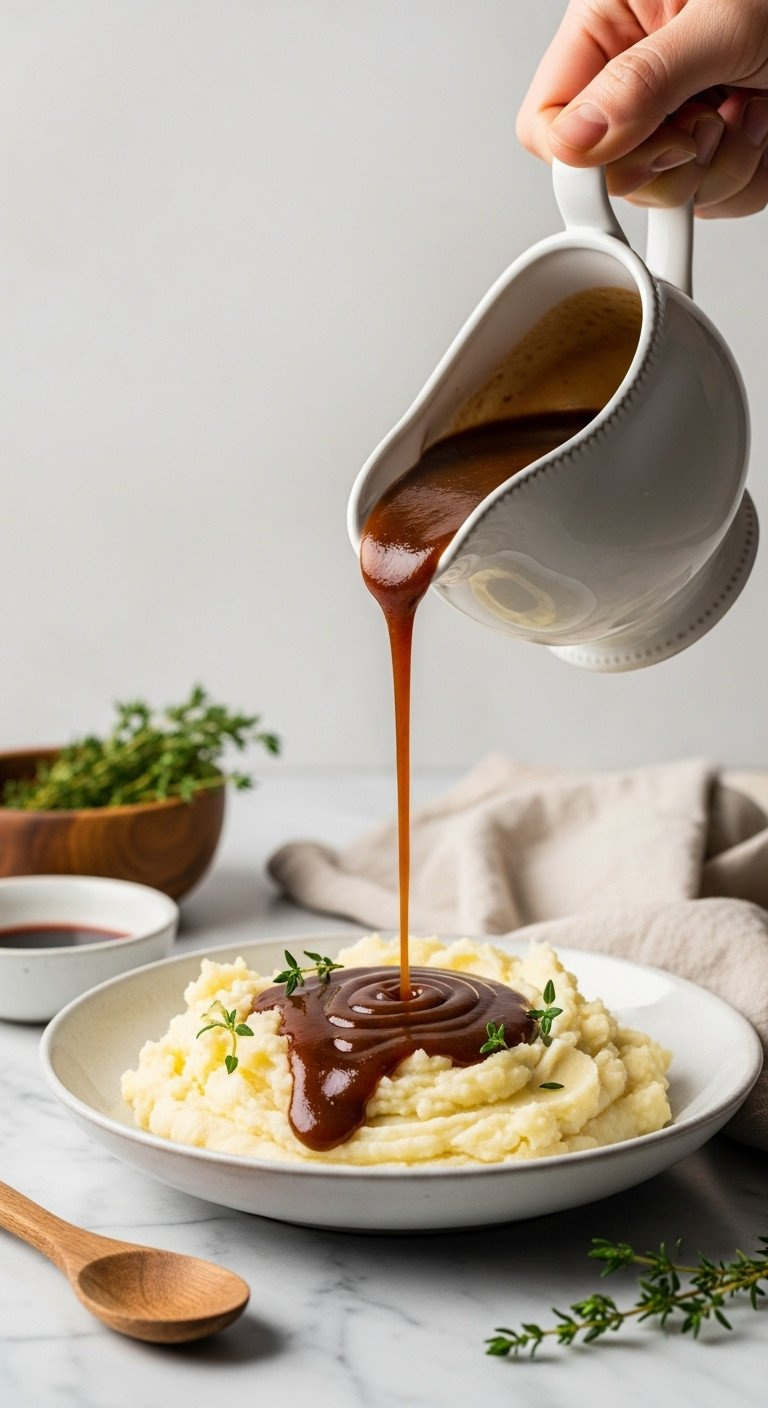 Thick, Glossy Dark Brown Vegan Gravy Pouring From A Ceramic Boat Onto Mashed Potatoes, Showing Its Smooth, Rich Texture.