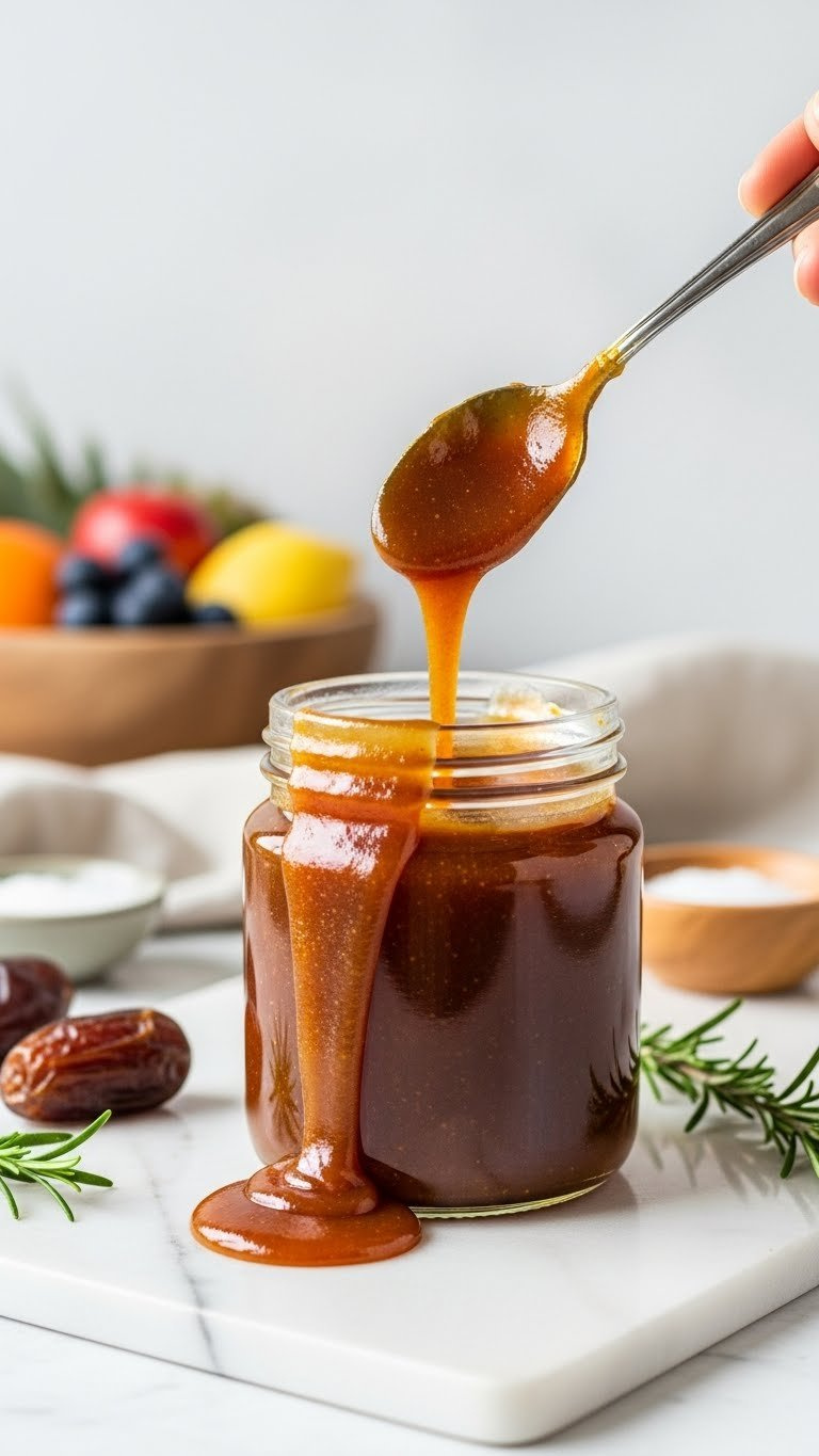 Thick Glossy Date Caramel Sauce Drizzled Elegantly On A Marble Surface With Medjool Dates And Rosemary Sprig.