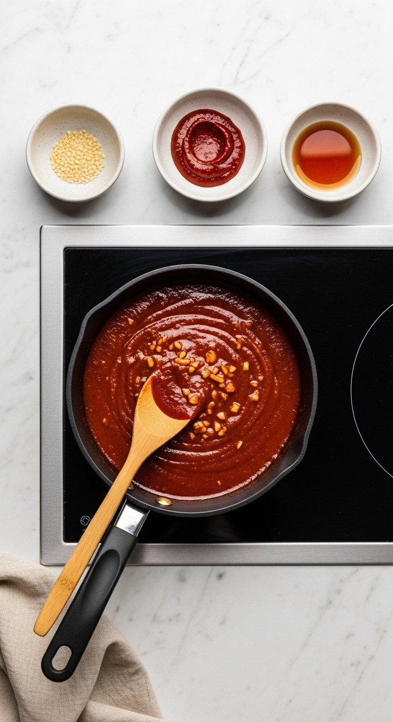Thick Glossy Red Sauce Simmering With Visible Garlic Bits In A Small Saucepan.