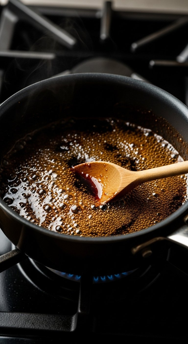 Thick Glossy Soy Garlic Glaze Bubbling In A Small Saucepan With A Wooden Spoon Resting Inside.