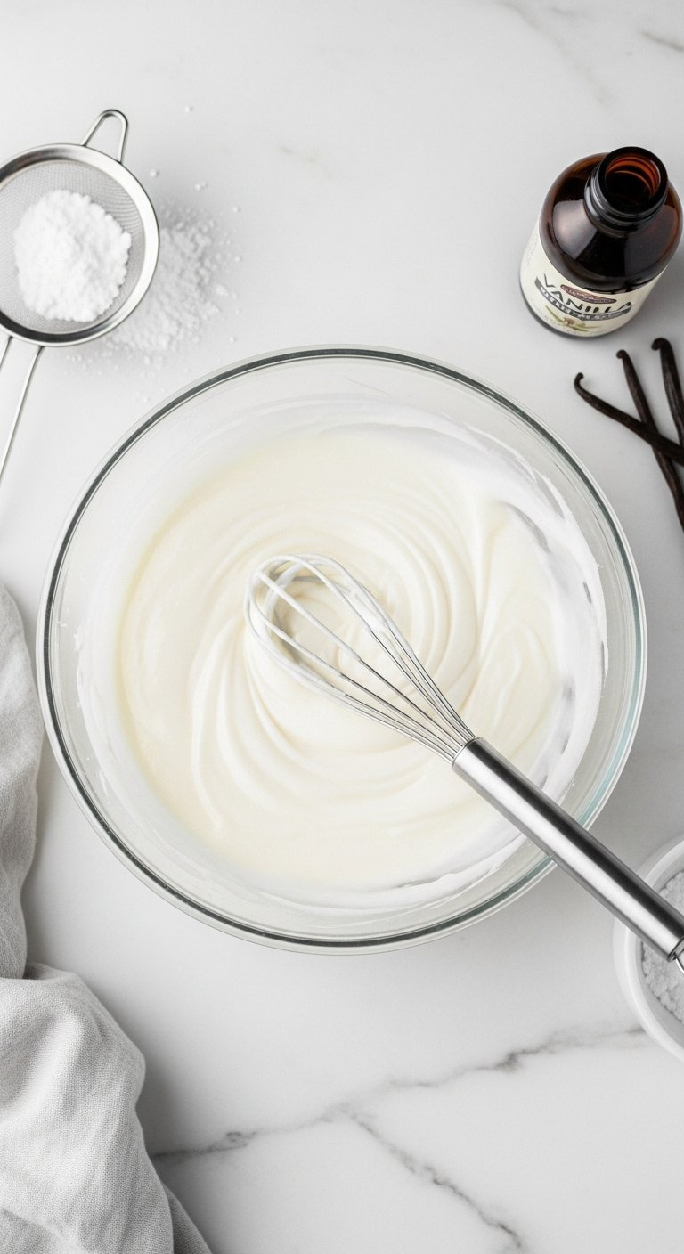 Thick Glossy White Icing Glaze Sits In A Glass Bowl With A Whisk Resting Inside On A White Marble Countertop.