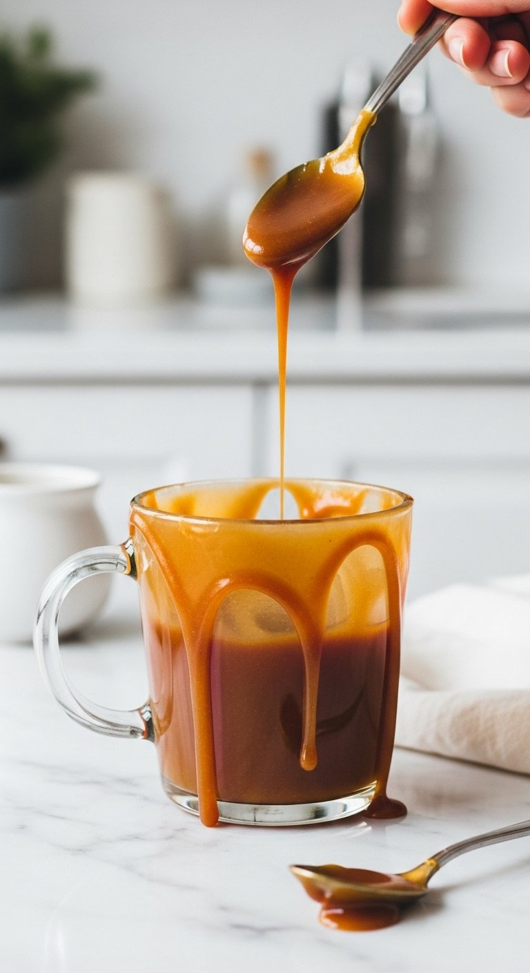 Thick Golden Brown Caramel Sauce Artistically Drizzled Down The Inside Of A Clear Glass Mug On Marble.