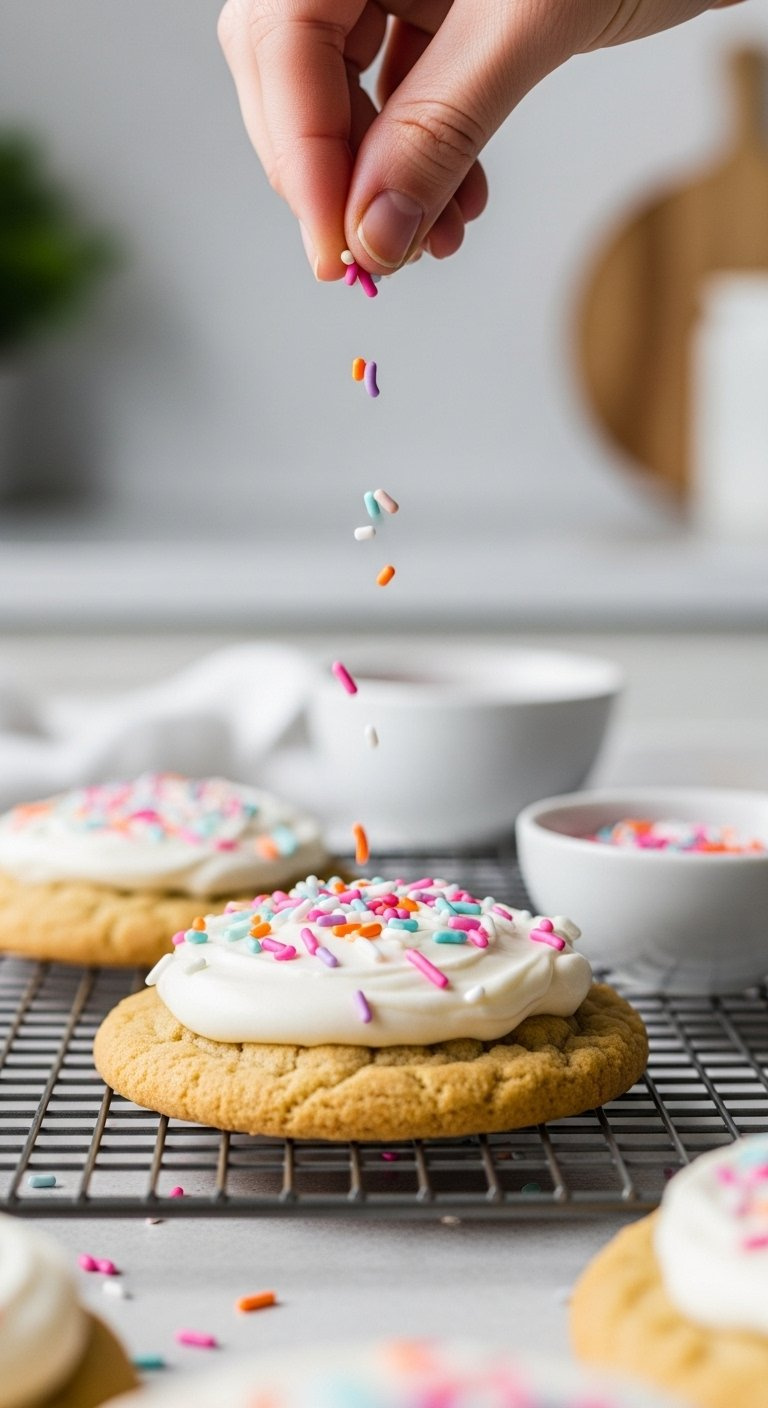 Thick Golden-Brown Cookie Topped With White Frosting And Colorful Sprinkles Rests On A Wire Cooling Rack.