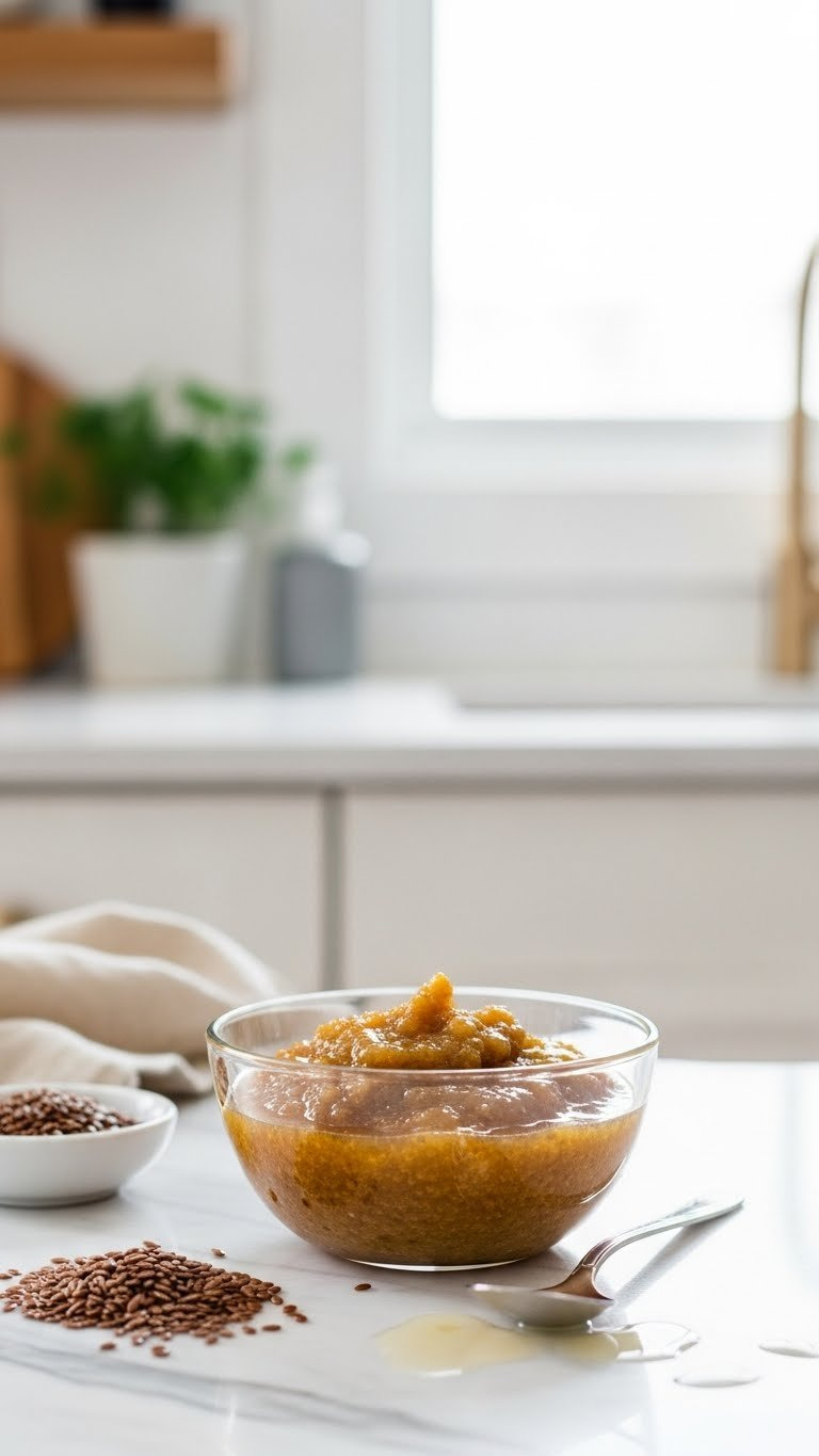 Thick, Golden-Brown Flax Egg Mixture In A Glass Bowl On A Marble Counter. Whole Flaxseeds, Whisk, Perfect Vegan Baking Substitute.