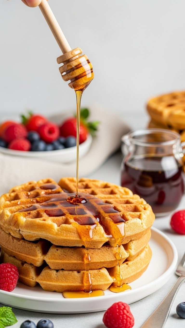 Thick Golden Brown Waffles With Maple Syrup, Stacked On White Plate, Showing Crisp Exterior, Berries. Bright Daylight, Fresh Feel.