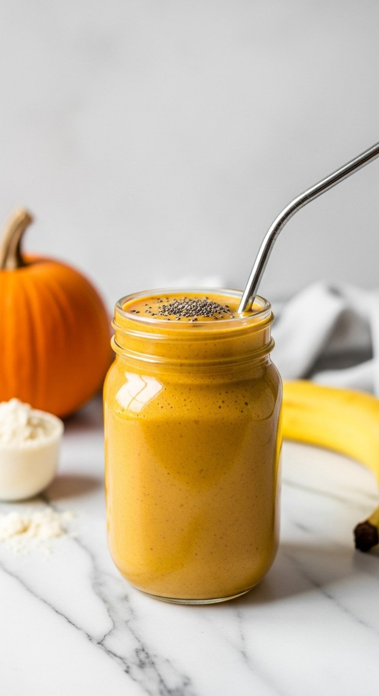 Thick Healthy Pumpkin Puree Smoothie In A Glass Jar With Chia Seeds And Metal Straw On Marble, Fresh Fall Drink.