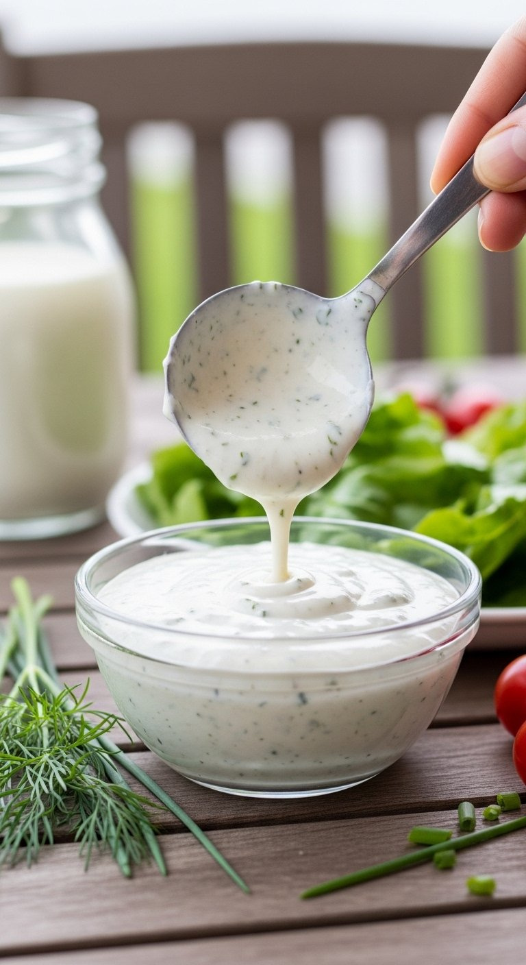 Thick Homemade Ranch Dressing Drizzled Over A Fresh Green Salad With Herb Flecks Visible.