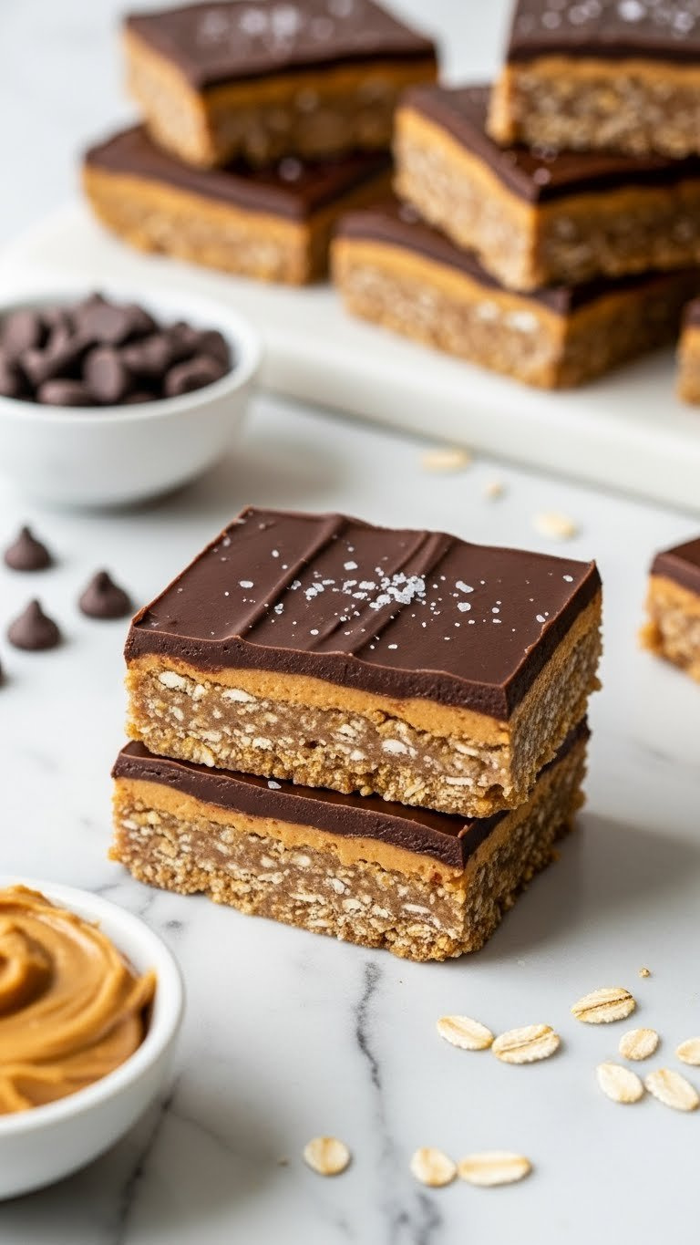 Thick Layered Protein-Packed Chocolate Peanut Butter Energy Bars On Marble Countertop In Bright Daylight