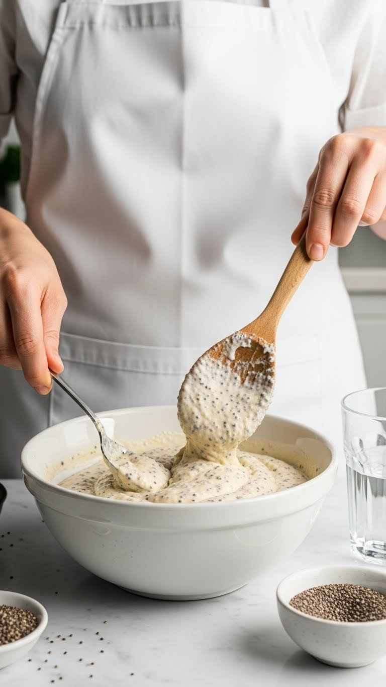 Thick Muffin Batter With Black Chia Seeds Being Gently Folded With A Wooden Spoon. Preparation For Healthy, Homemade Muffins.
