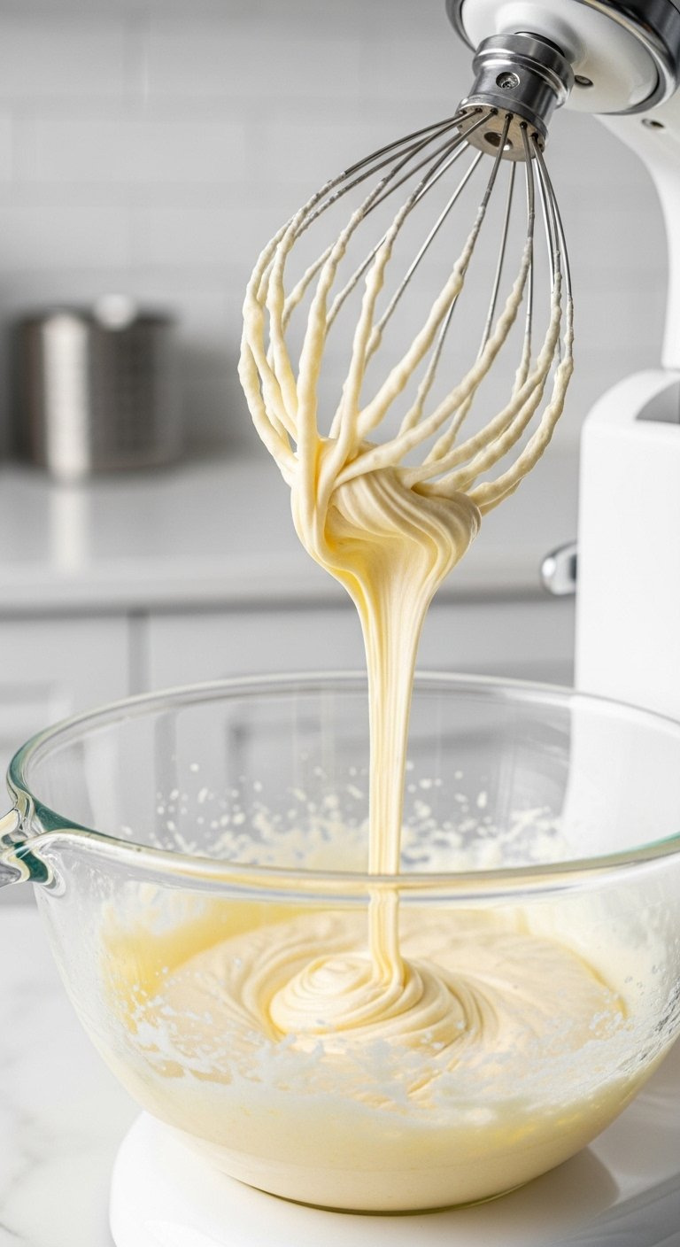 Thick Pale Yellow Egg And Sugar Ribbon Mixture Falling From A Metal Whisk In A Glass Mixing Bowl.