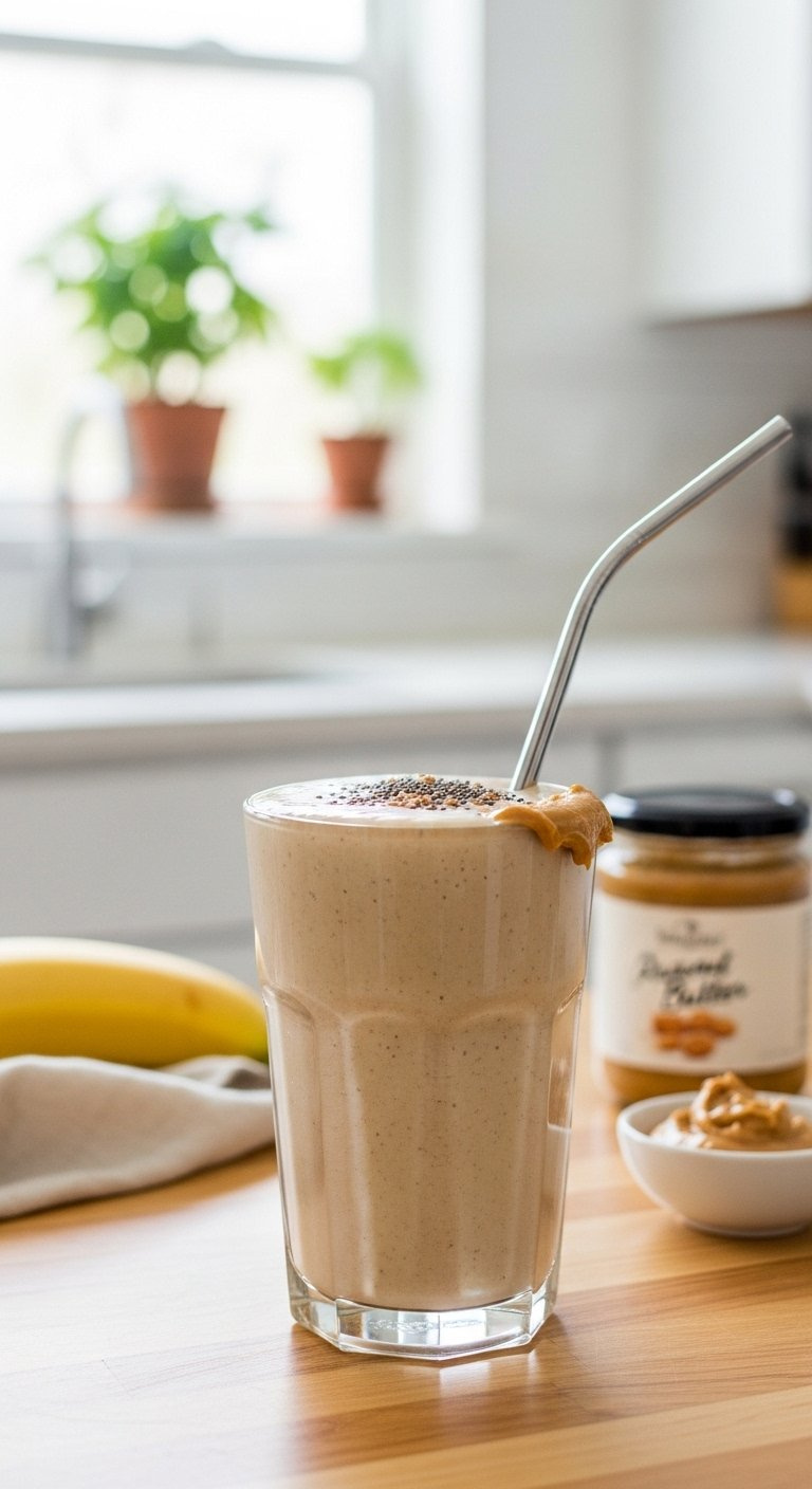 Thick Peanut Butter Banana Smoothie With Chia Seeds Served In A Clear Glass With Straw.