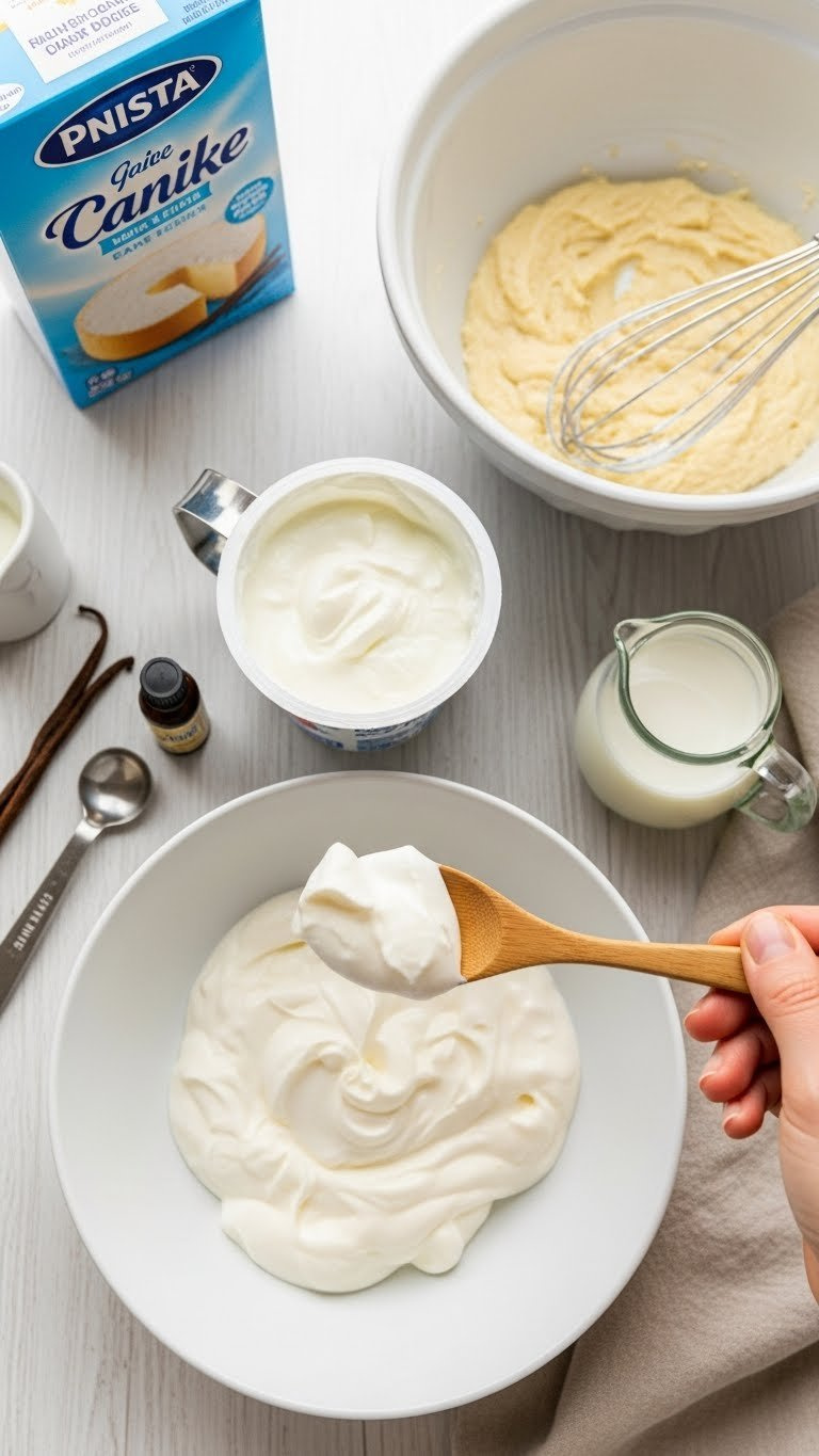 Thick Plain Greek Yogurt Scooped With A Wooden Spoon Into A Measuring Cup For Baking, Next To Cake Batter Bowl On Wood Table.