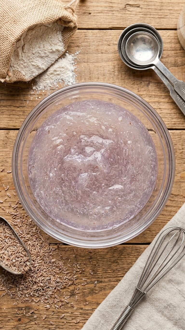 Thick, Purple-Hued Psyllium Husk Gel In A Glass Dish On A Rustic Table With Scattered Husks. Excellent Vegan Binding Agent.