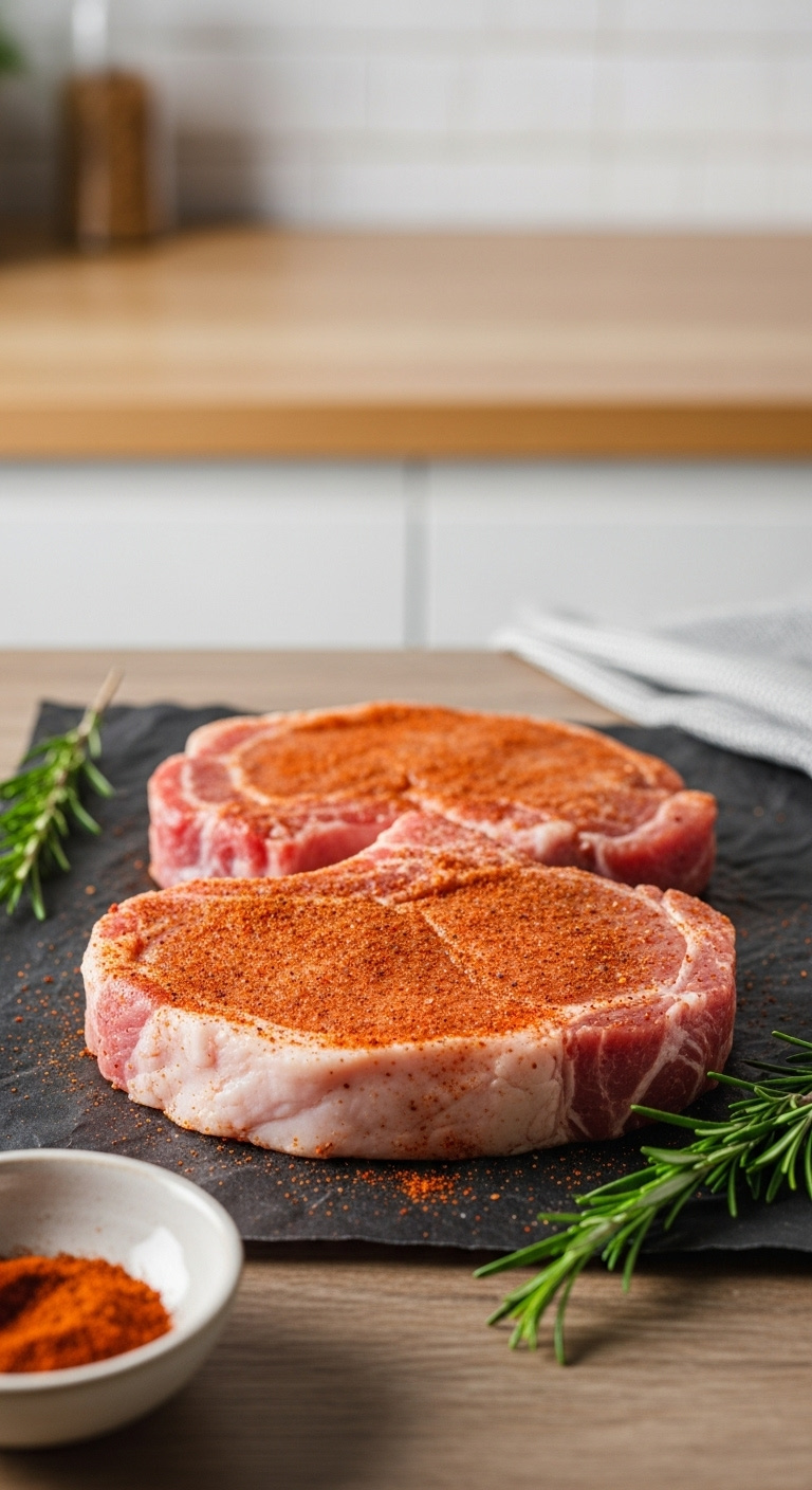 Thick Raw Bone-In Pork Chops Coated In Reddish-Brown Seasoning Rub On Butcher Paper With Spice Bowl And Rosemary In Natural Light