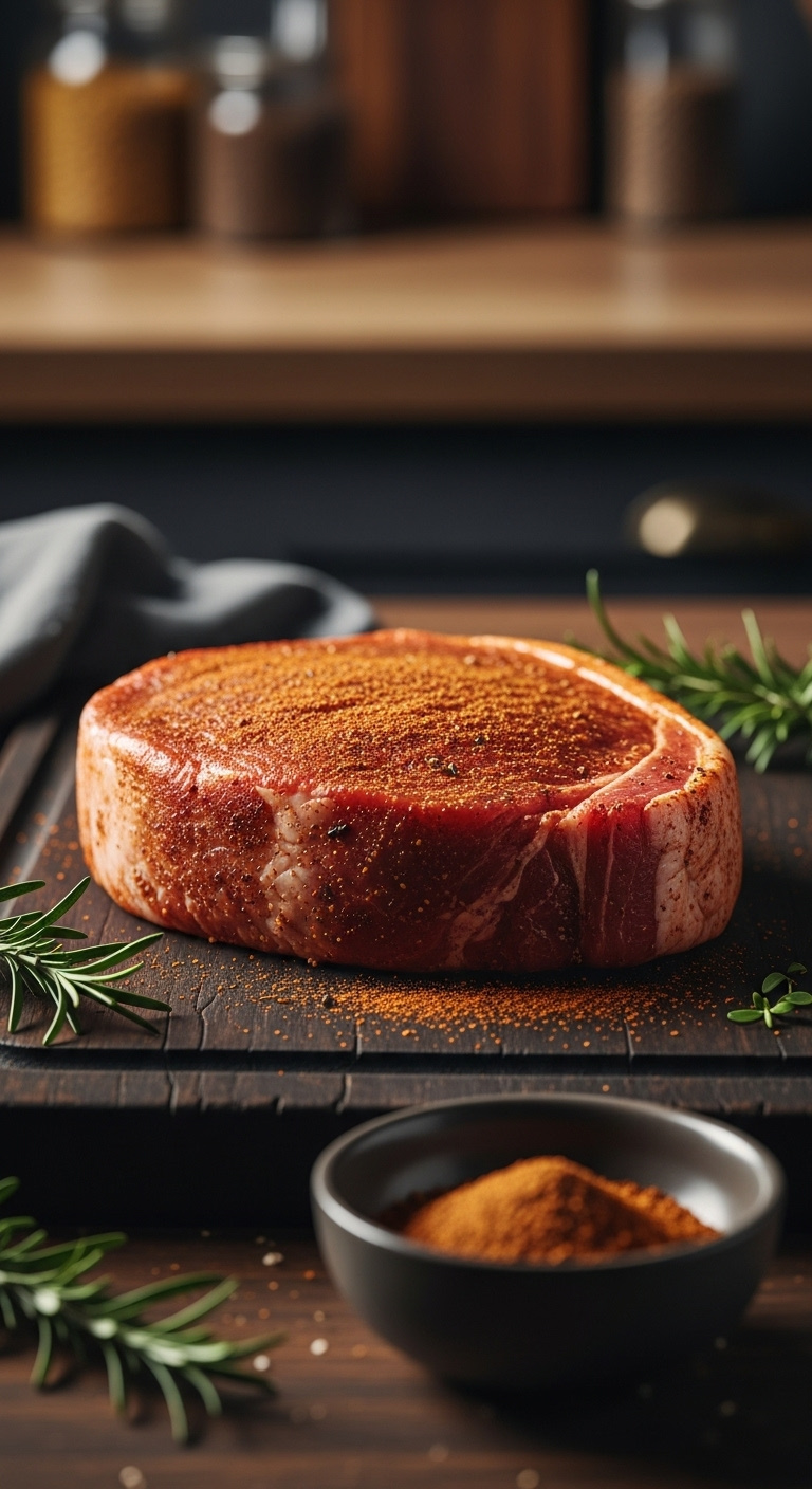 Thick Raw Boneless Pork Chop Coated In Reddish-Brown Spice Rub On A Dark Wood Cutting Board With Spice Bowl And Rosemary
