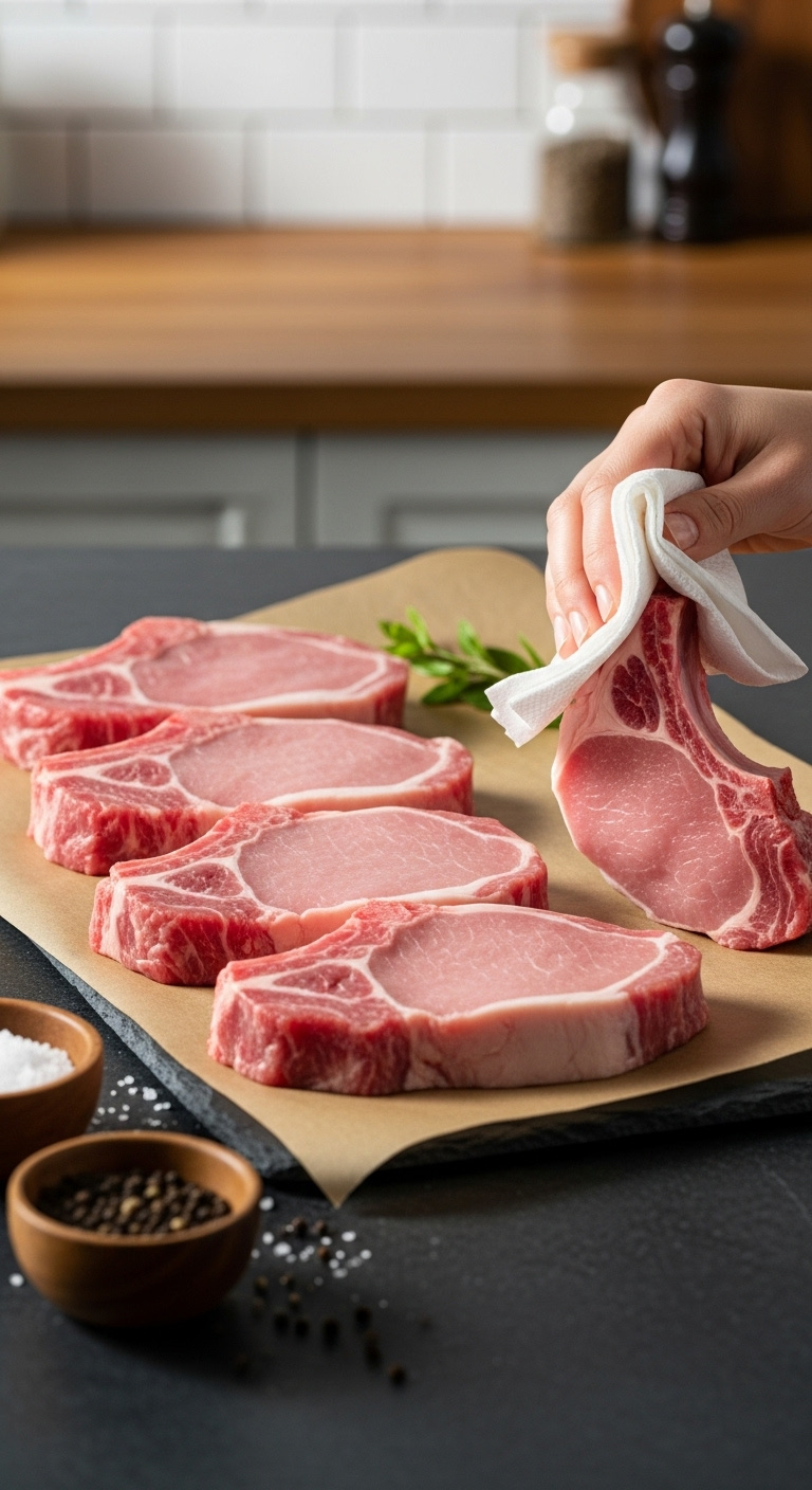 Thick Raw Boneless Pork Chops Being Patted Dry On Parchment Paper With Salt And Pepper Bowls On A Slate Countertop In Natural Light