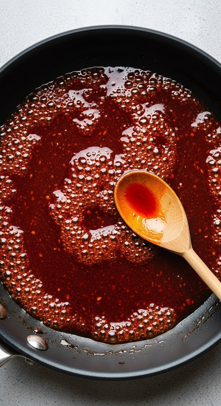 Thick Red Korean Glaze Bubbling And Reducing In A Dark Non-Stick Skillet With A Wooden Spoon Nearby.