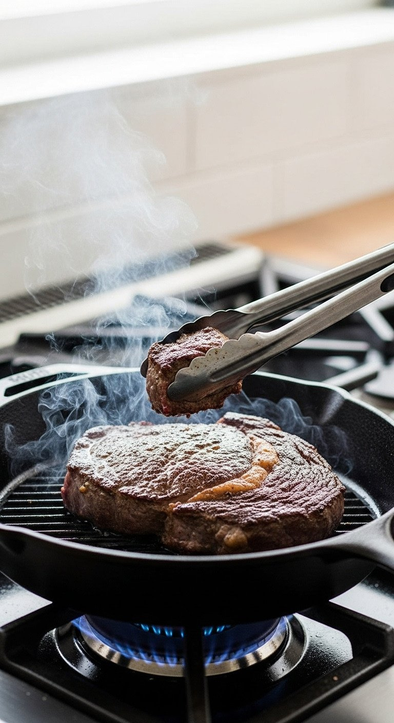 Thick Ribeye Steak In Smoking Hot Cast Iron Skillet, Forming A Deep Brown Crust With Dramatic Sizzling And Rising Steam, Eye-Level View.