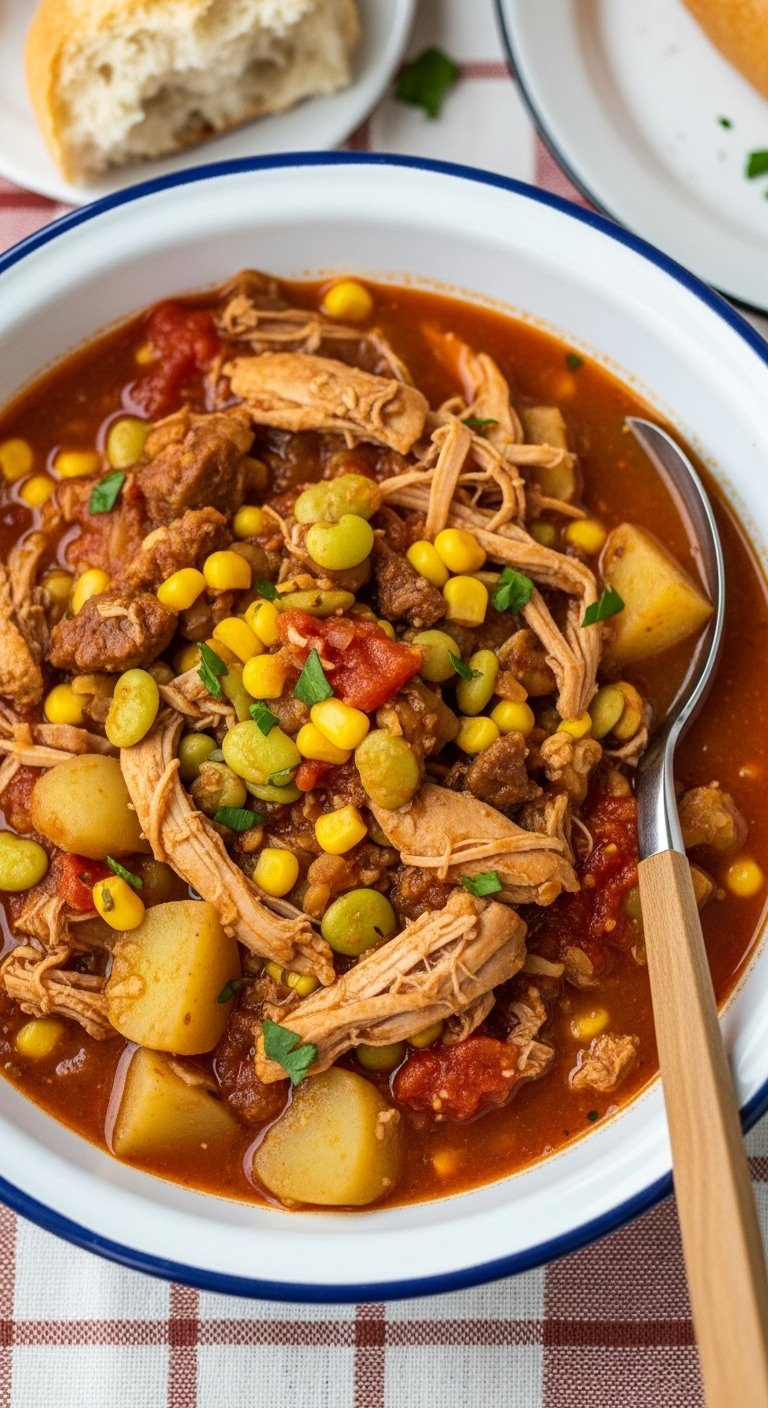 Thick Savory Brunswick Stew Filled With Shredded Chicken Pork Corn Lima Beans And Potatoes In An Enamel Bowl.