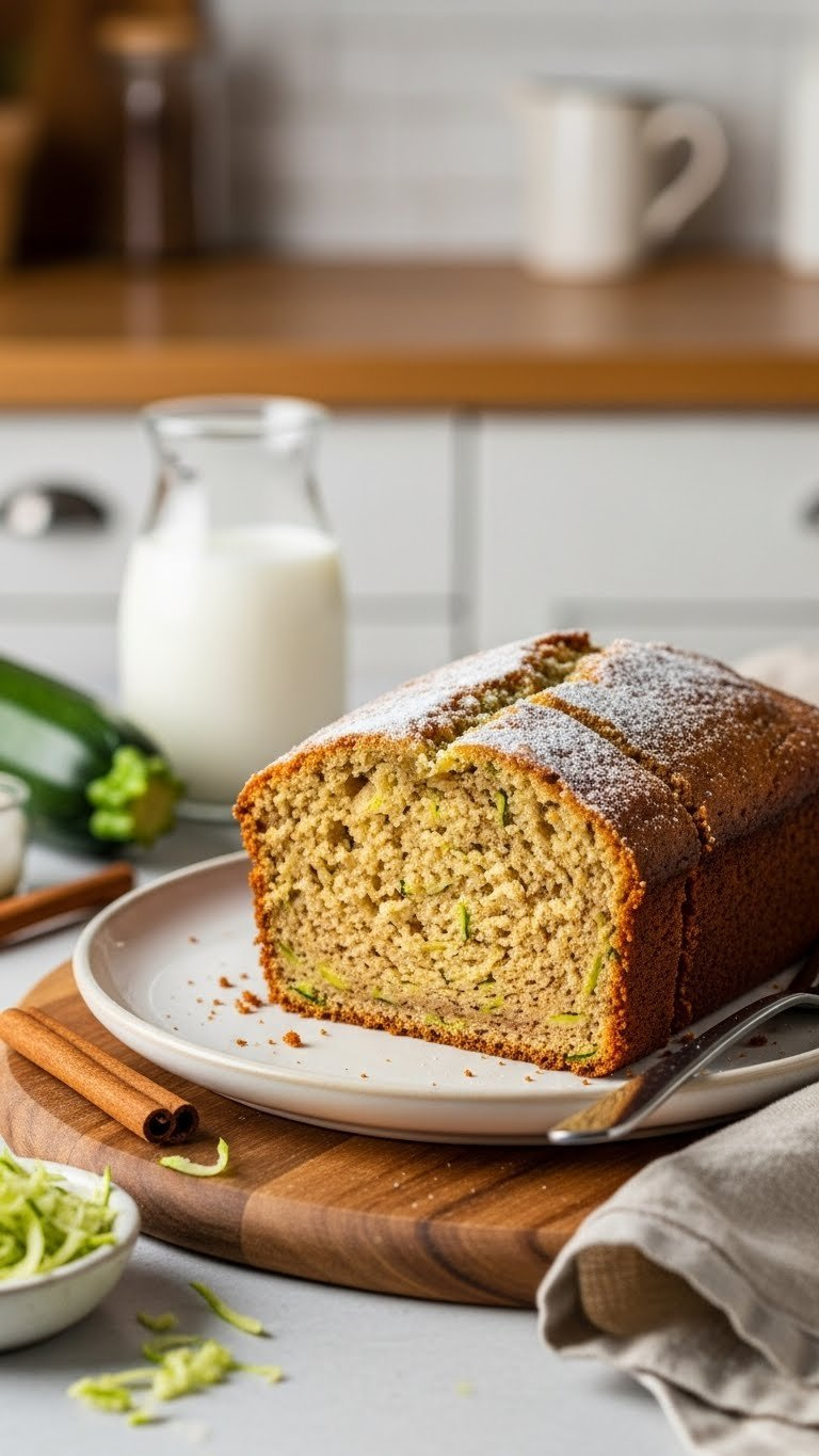 Thick Slice Of Moist Gluten-Free Zucchini Bread With Powdered Sugar Dusting And Visible Zucchini Flecks On Ceramic Plate