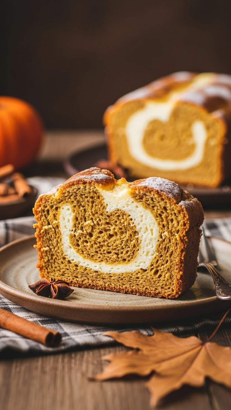 Thick Slice Of Moist Pumpkin Bread With Cream Cheese Swirls On Rustic Ceramic Plate Surrounded By Autumnal Spices And Leaves.