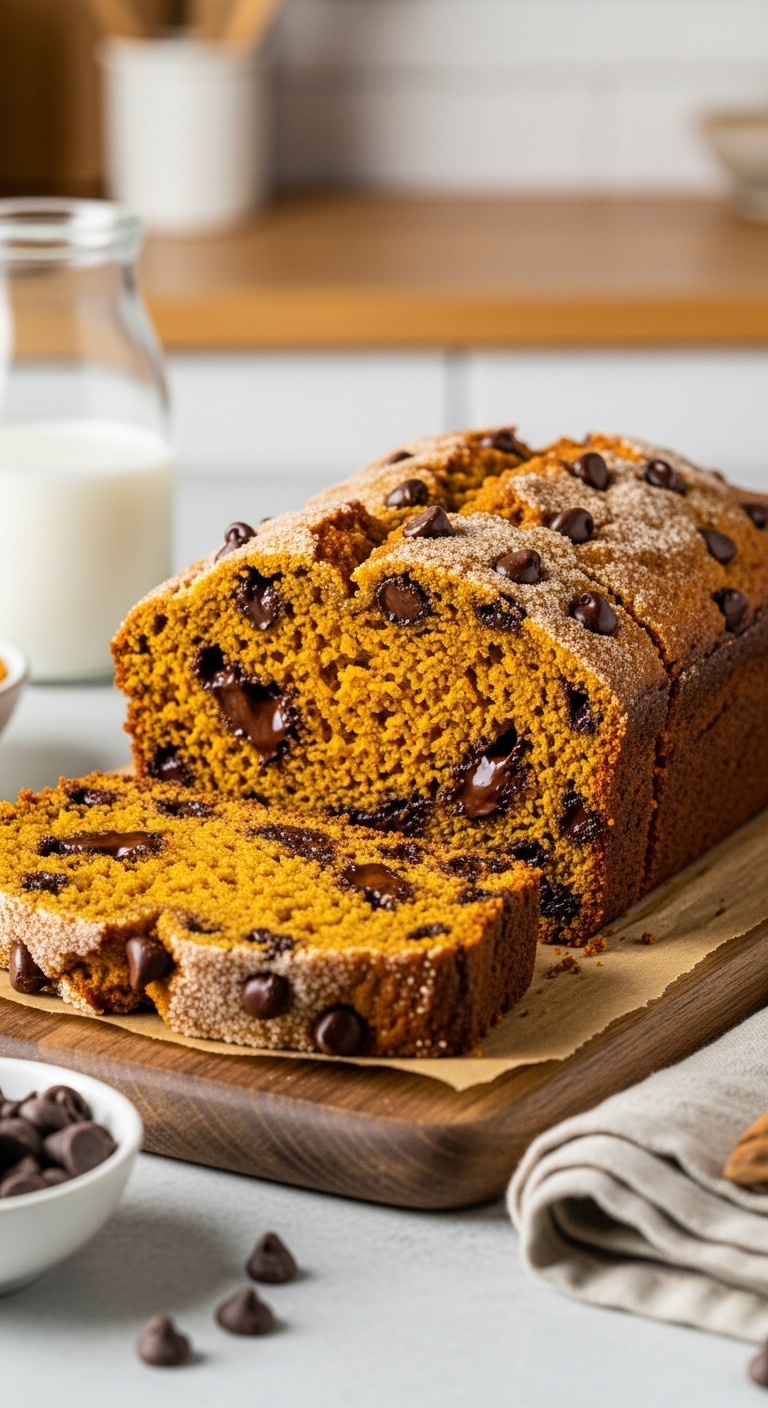 Thick Slice Of Moist Pumpkin Chocolate Chip Bread On A Rustic Wooden Cutting Board With Melty Chips
