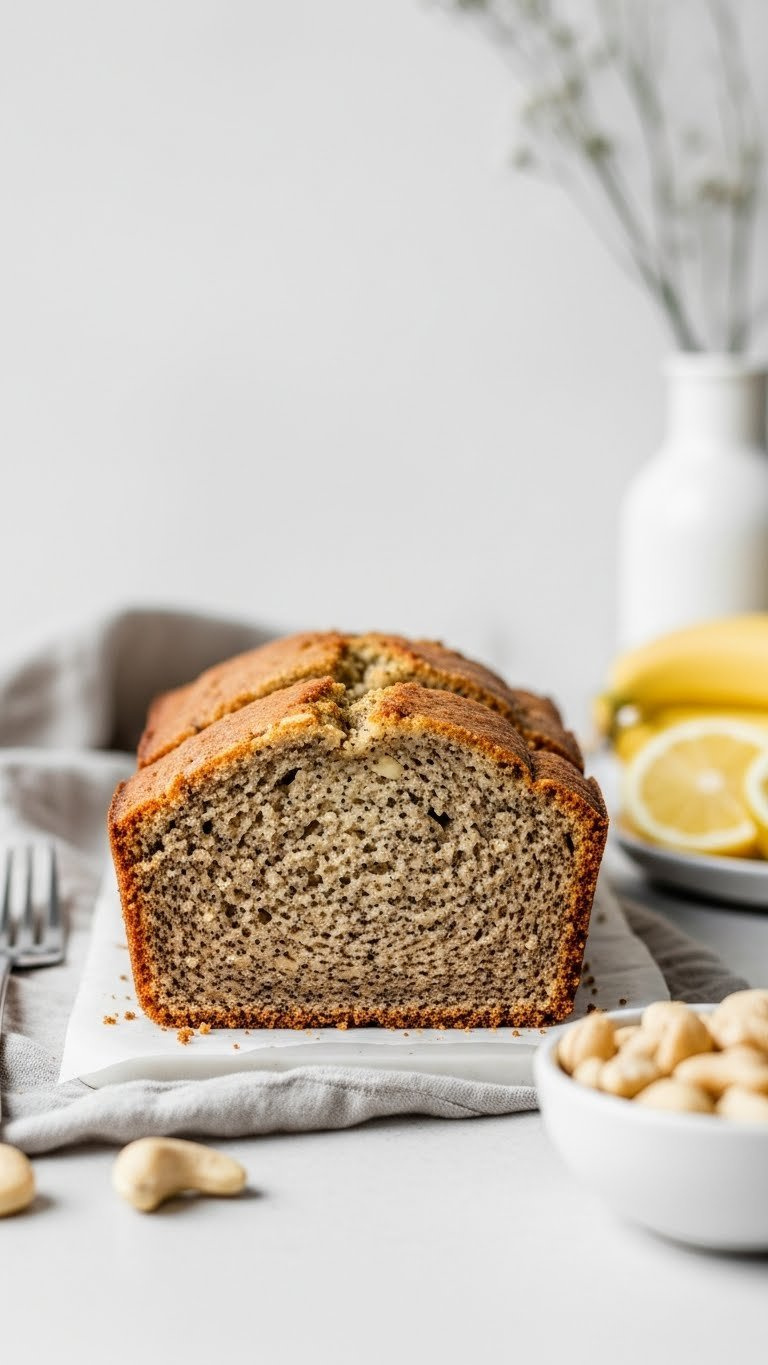 Thick Slice Of Moist Quick Bread With Soft Crumb From Cashew Butter, Fresh Fruit, Raw Cashews On Linen.