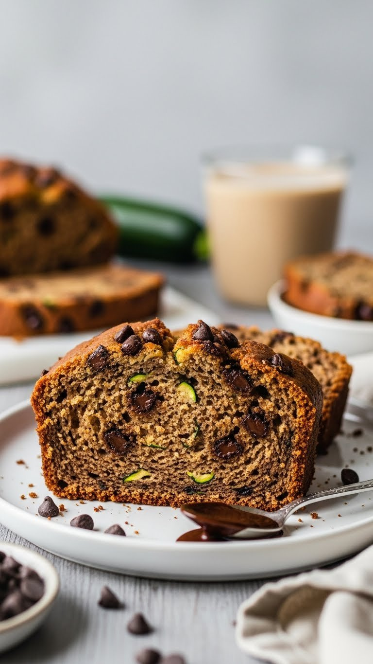 Thick Slice Of Sourdough Chocolate Chip Zucchini Bread With Melted Chocolate On White Ceramic Plate