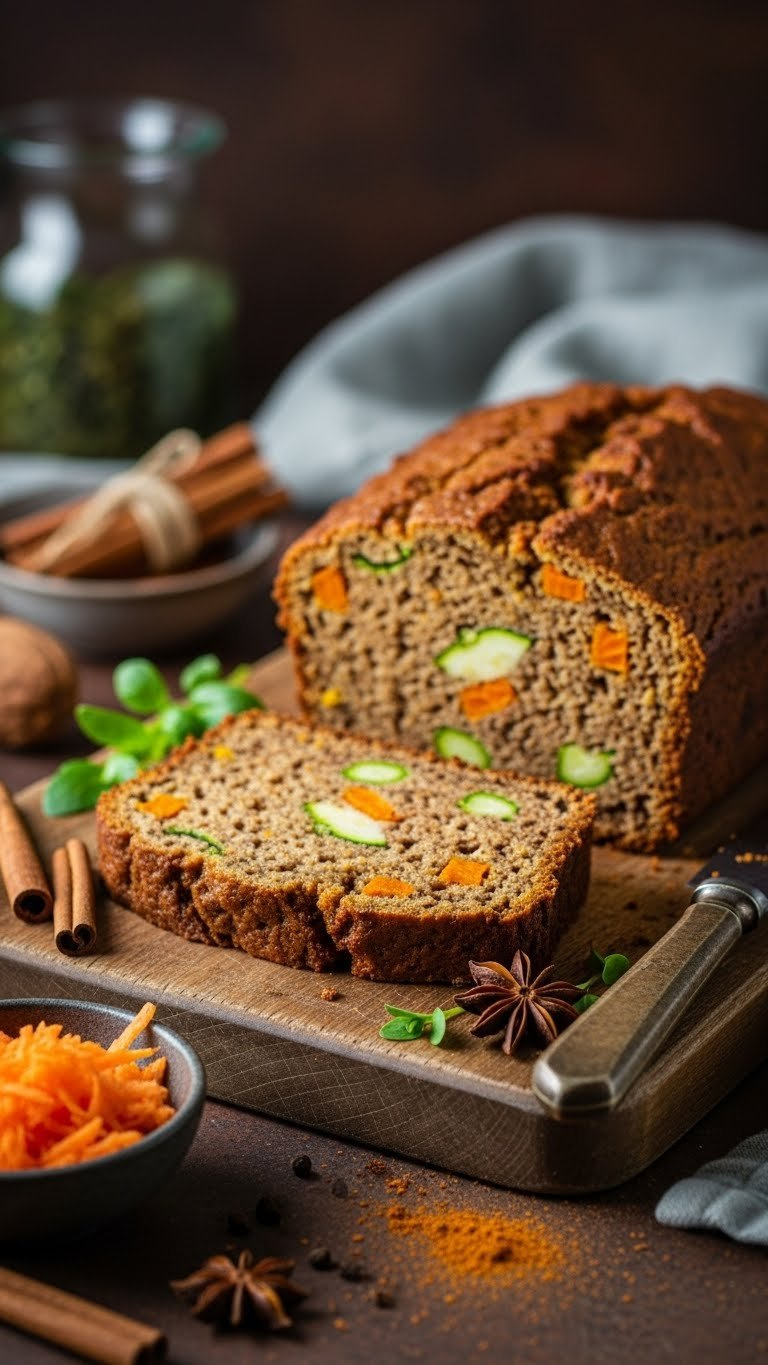 Thick Slice Of Spiced Zucchini And Carrot Bread With Visible Vegetable Flecks On Rustic Wooden Cutting Board