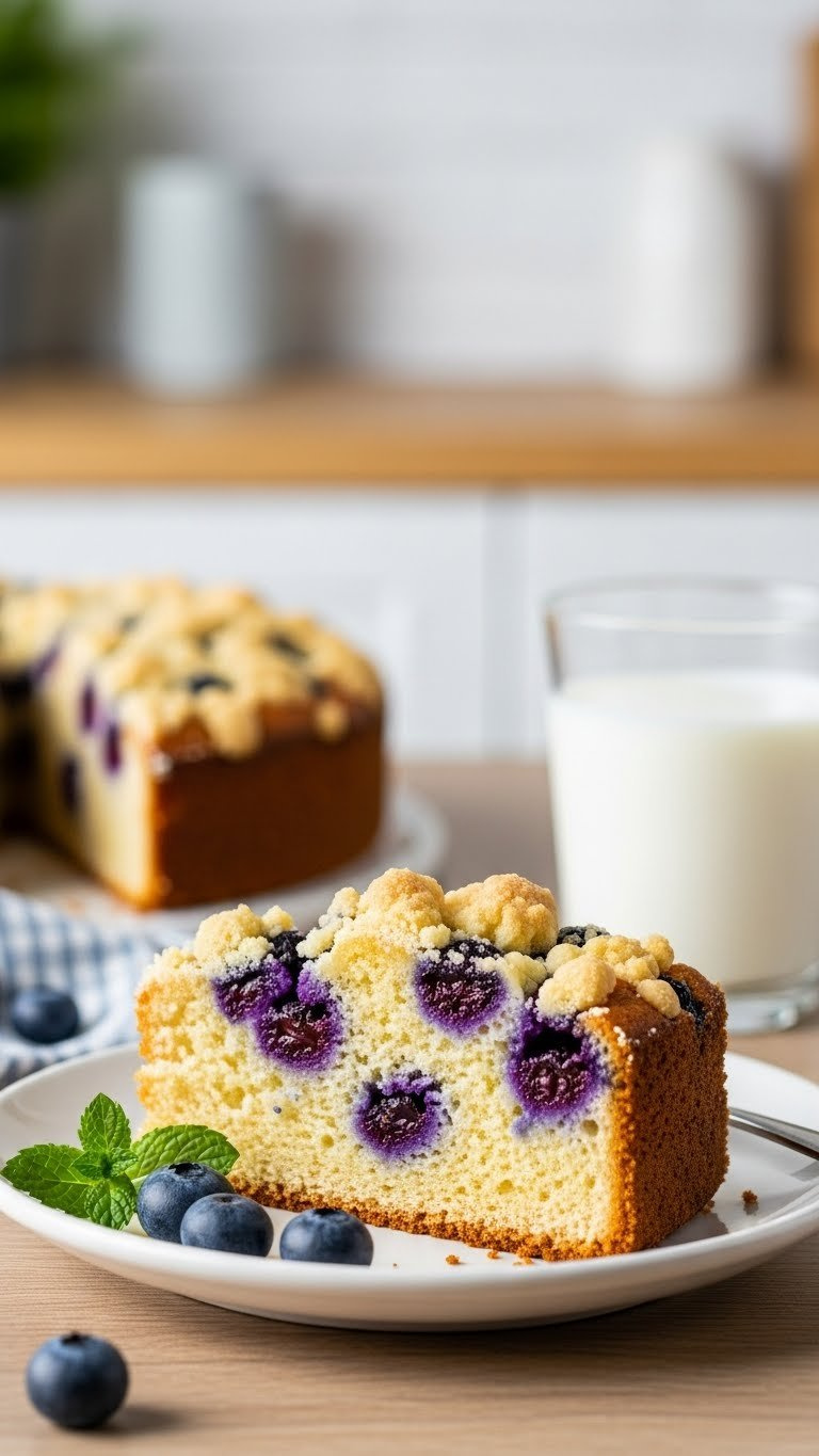 Thick Slice Of Wholesome Blueberry Breakfast Cake With Plump Berries On White Ceramic Plate