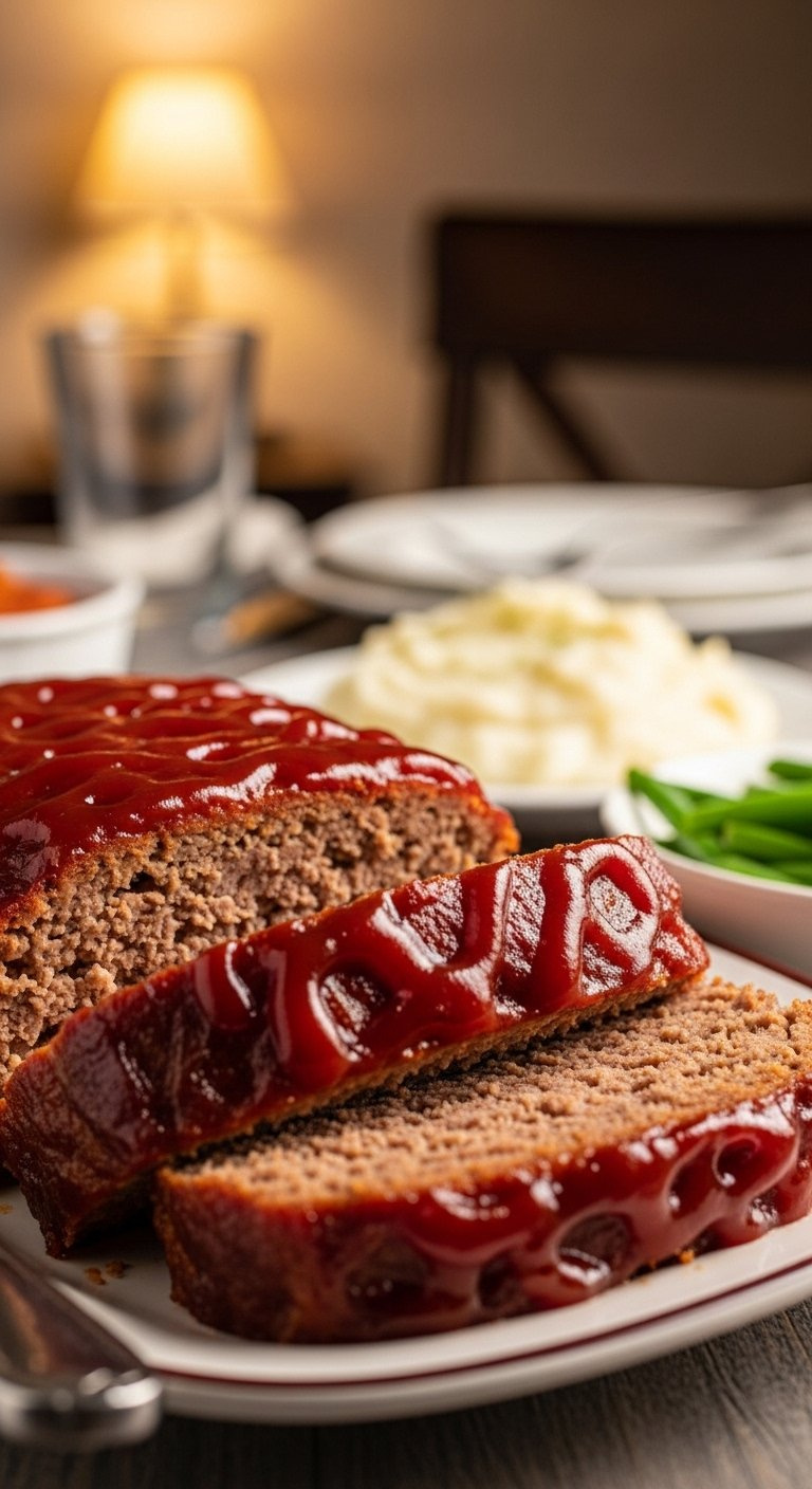 Thick Slices Of Homestyle Meatloaf With A Shiny Caramelized Ketchup Glaze Served On A Simple Dining Platter.