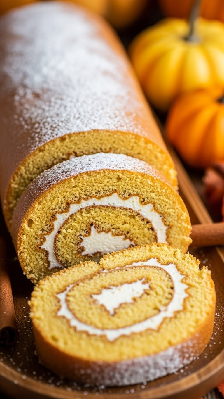 Thick Slices Of Pumpkin Roll With Cream Cheese Frosting Swirl, Powdered Sugar, On Wooden Platter With Fall Decor.