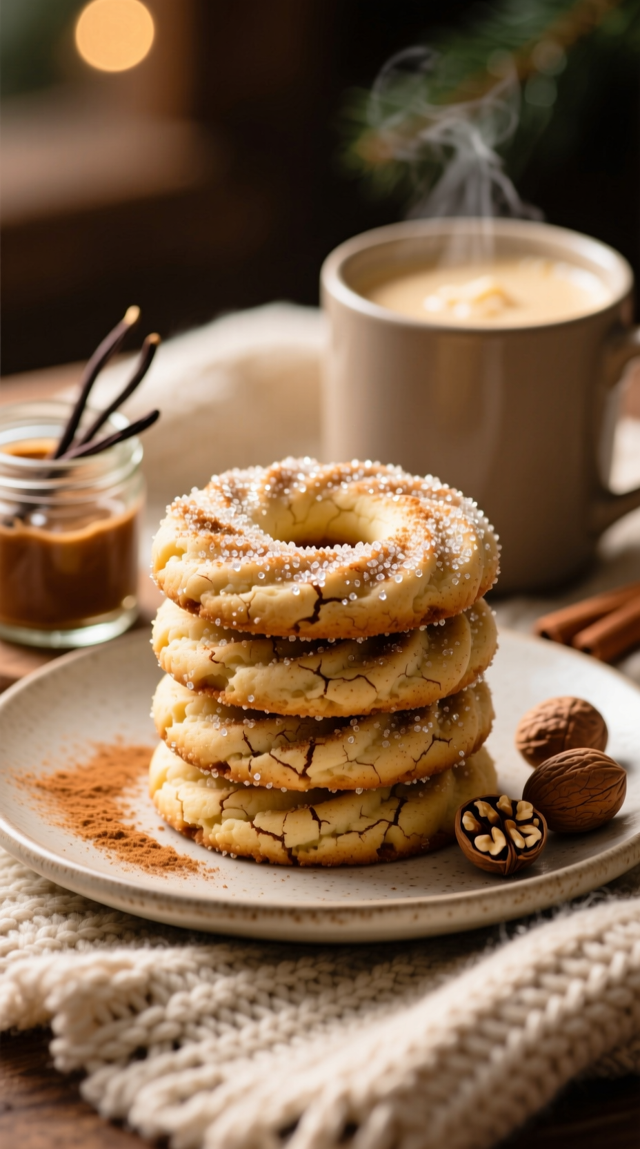 Thick, Soft Snickerdoodle Cookies Heavily Dusted With Cinnamon Sugar, Hint Of Nutmeg, On Plate With Eggnog Mug.