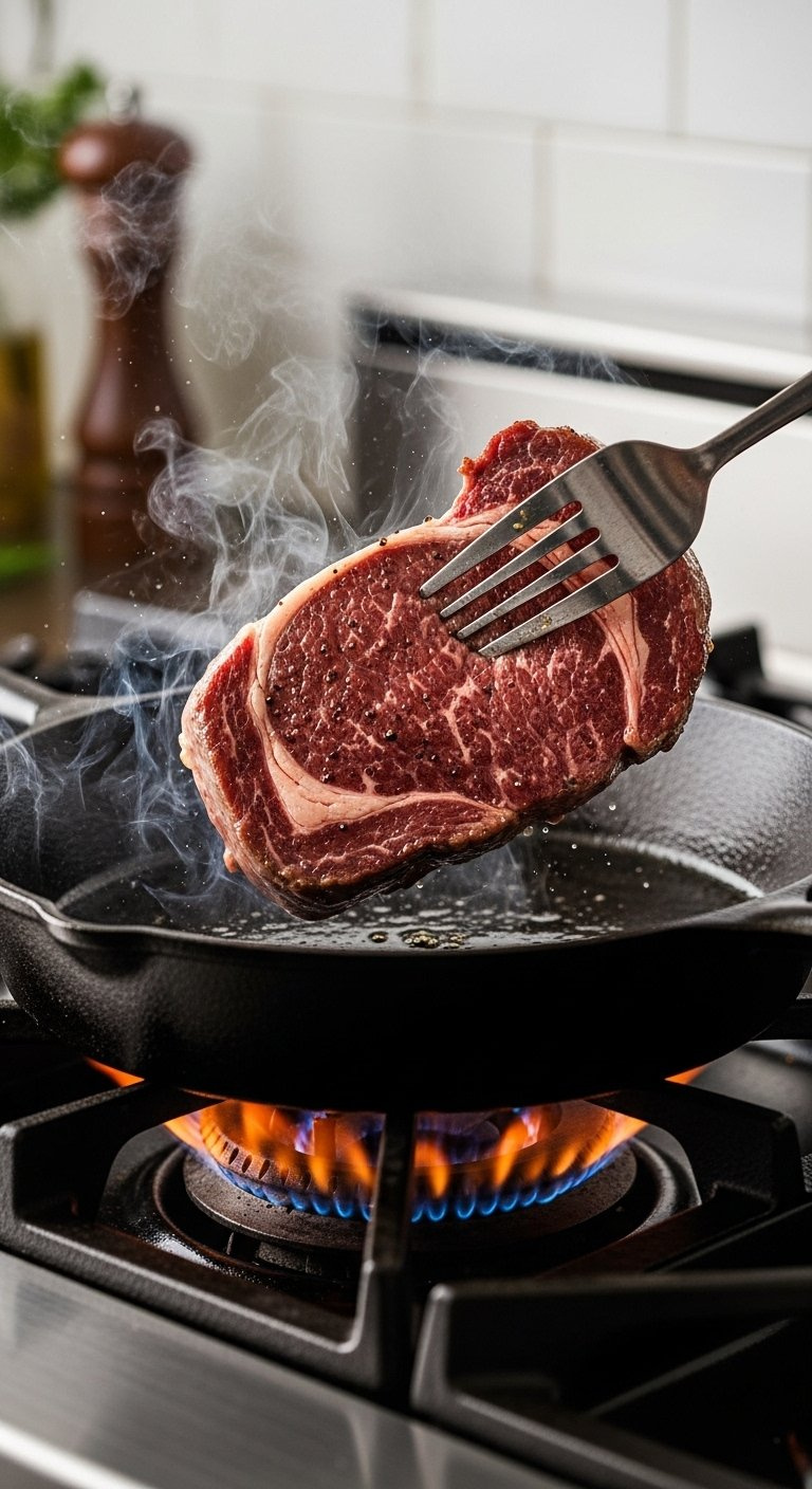Thick Steak Searing In A Hot Cast Iron Skillet With Rising Steam And Dramatic Lighting.