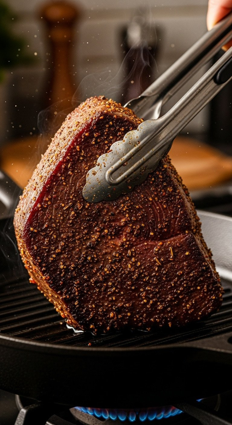 Thick Tuna Steak Placed In A Sizzling Hot Cast Iron Pan, Forming A Delicious Caramelized Crust, Perfect For Searing.