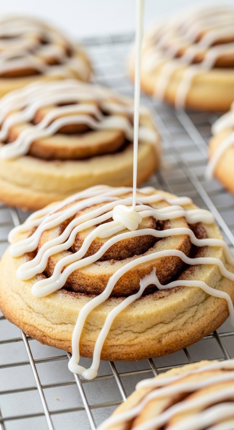 Thick Vanilla Glaze Drizzled Over Cooled Cinnamon Roll Cookie On Wire Cooling Rack.
