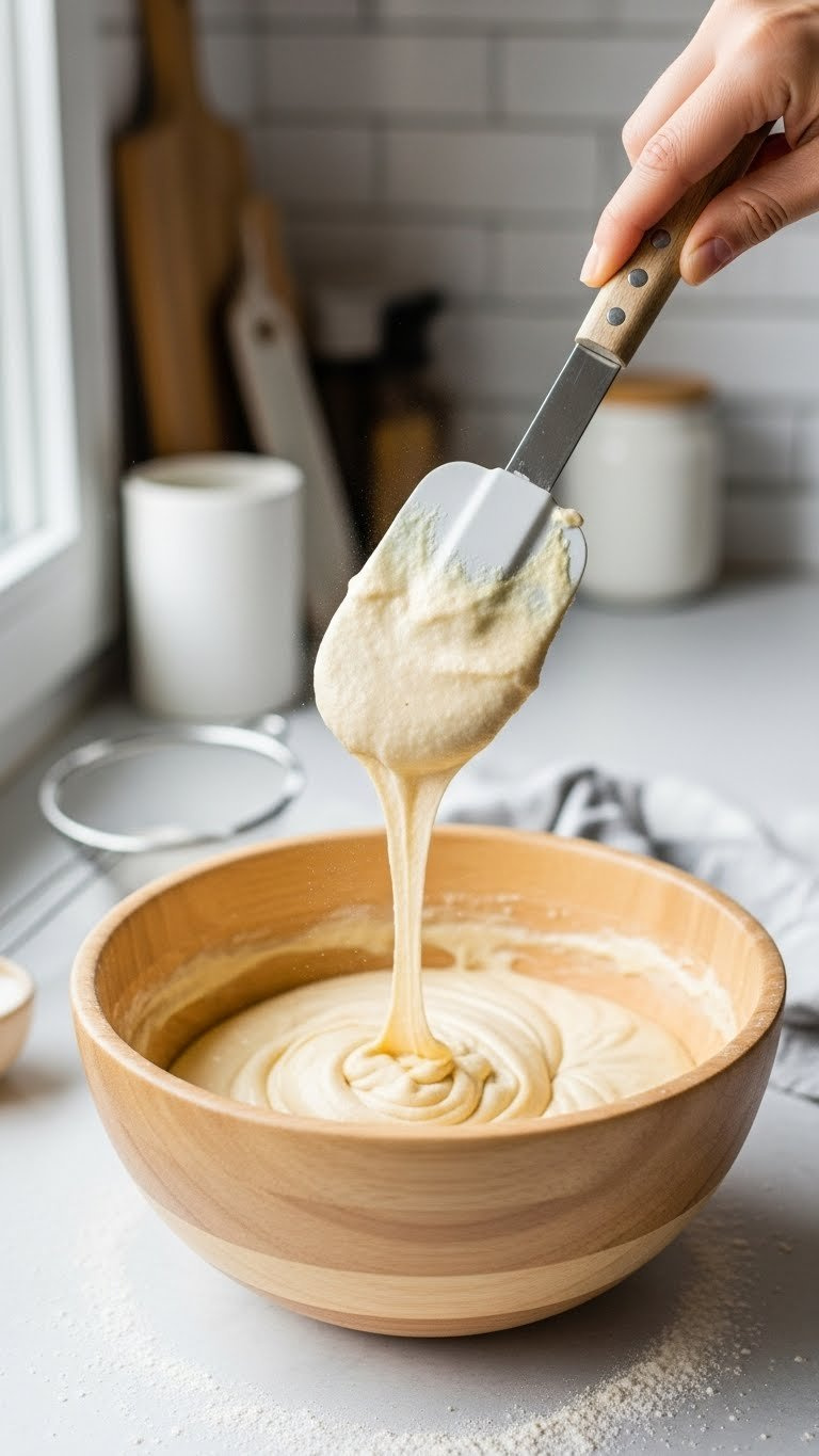 Thick Vegan Cake Batter, Made With Silken Tofu, Clings To A Spatula In A Wooden Bowl, Demonstrating Ideal Consistency.