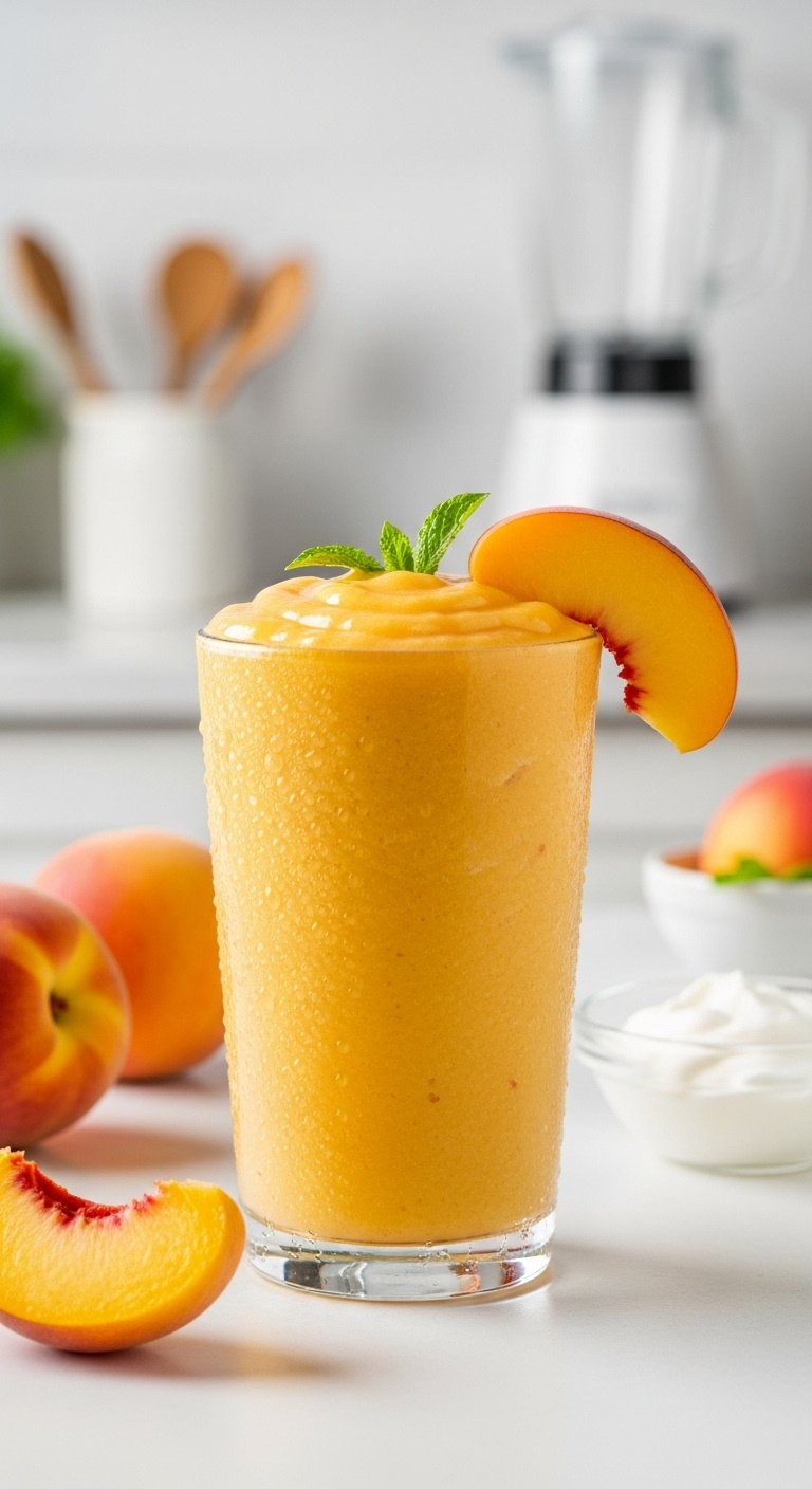 Thick Vibrant Peach Smoothie In A Tall Glass With Peach Slice And Mint On A White Countertop