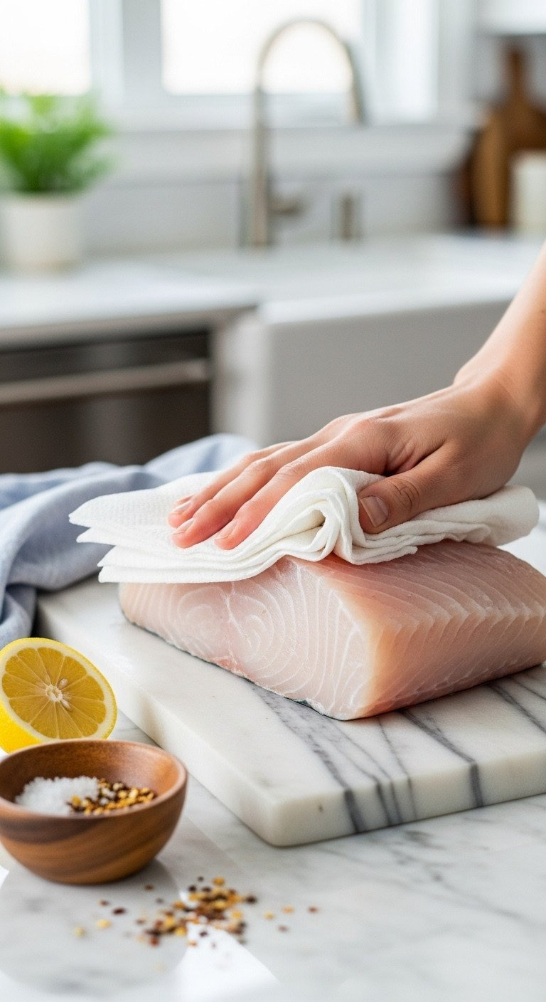 Thick White Mahi Mahi Fillet On A Marble Cutting Board, Being Patted Dry With A Paper Towel, With Salt, Pepper, And Lemon Nearby For Cooking Preparation.