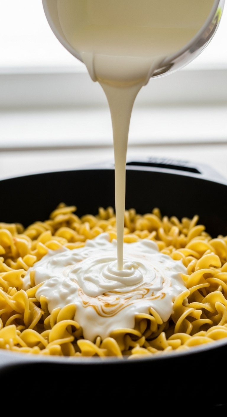Thick White Heavy Cream Drizzling Into Golden Sauce And Egg Noodles In A Pan.