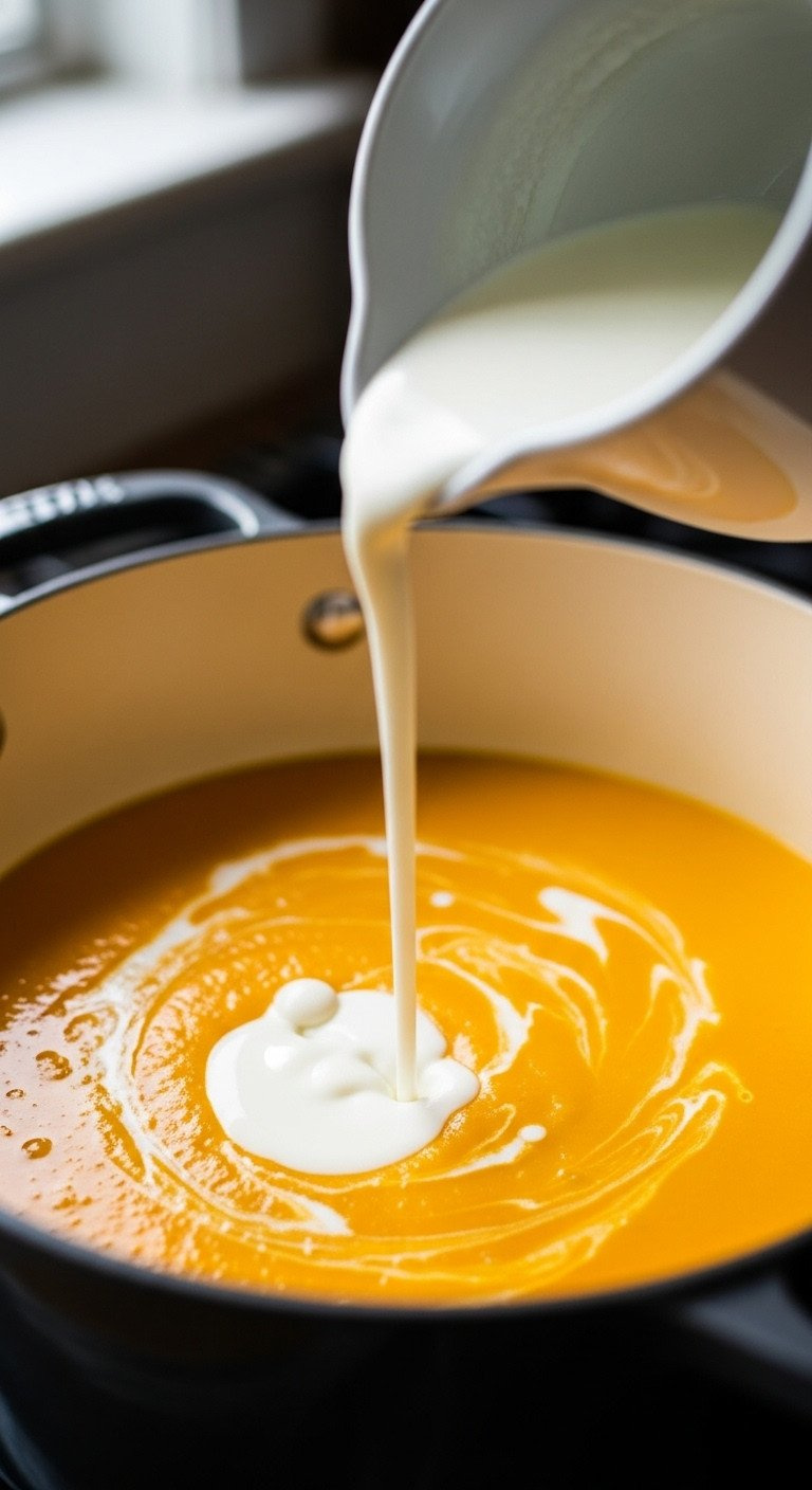 Thick White Heavy Cream Pouring From Pitcher Into Vibrant Orange Puréed Pumpkin Soup, Creating Elegant Swirls. Creamy Recipe Finishing Touch.